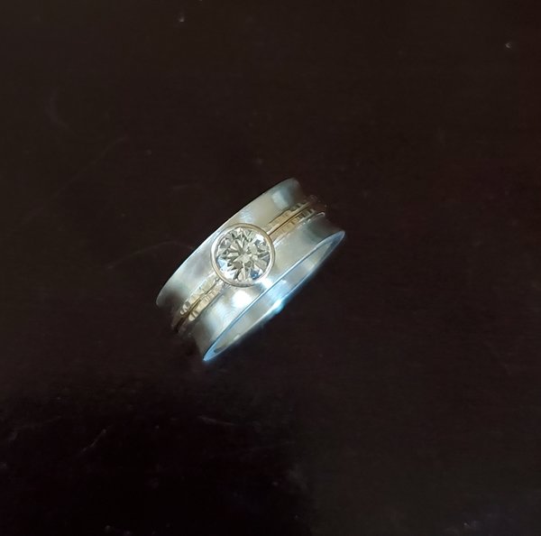 Sterling silver 14k yellow gold ring 8mm wide 5.5mm Moissanite Charles and Colva