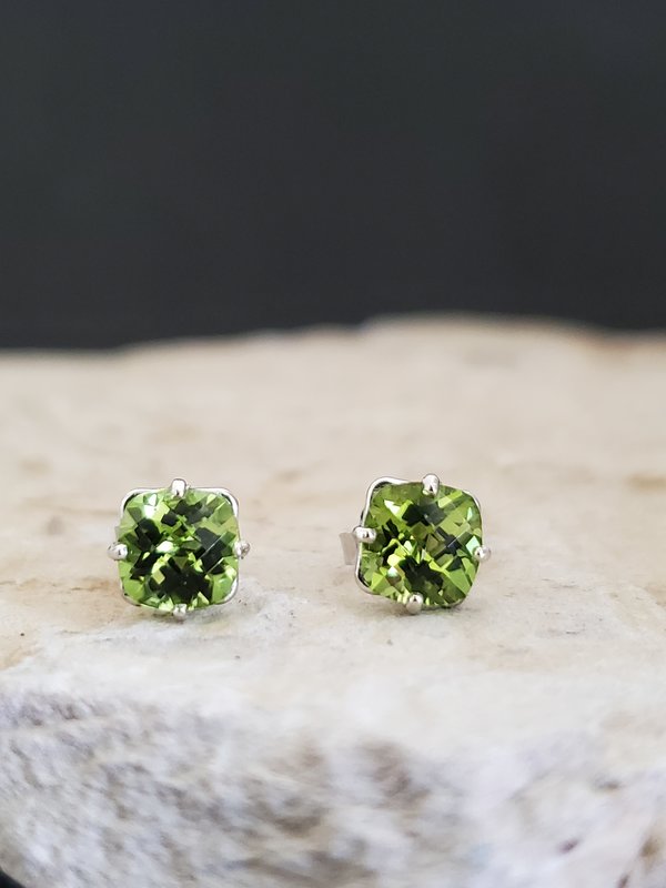 Peridot 14k White Gold  Earring Studs, Peridot Stud Earrings, 6mm, Cushion Cut,