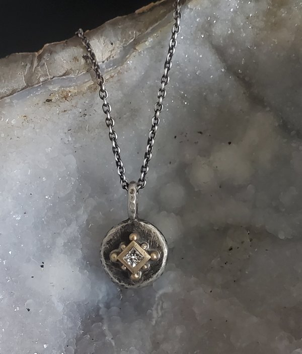 Diamond Coin Pebble Necklace, 14k Yellow Gold silver Diamond Pendant, Conflict Free Eco Friendly Gold Necklace, Made to Order two tone