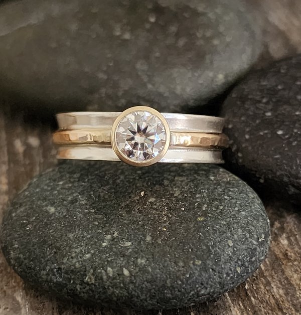 Moissanite 6mm Ring, 14k Yellow and Sterling Silver, One of a Kind, Mixed Metals