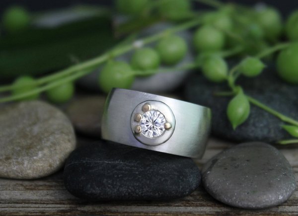 Sterling Silver 14k Yellow Gold Moissanite Ring - 8mm Domed Ring - 4mm Moissanite - Pebble Ring - Eco Friendly - Made to Order