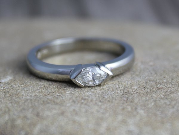 Diamond Marquise Ring in 14k White Gold, East to West Marquise, Half Bezel, Simple Engagement Ring, Made to order