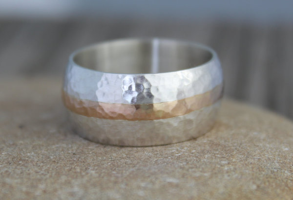 10mm Hammered yellow Gold and Silver Ring, Wedding Band, Gold Inlay Ring, Men's