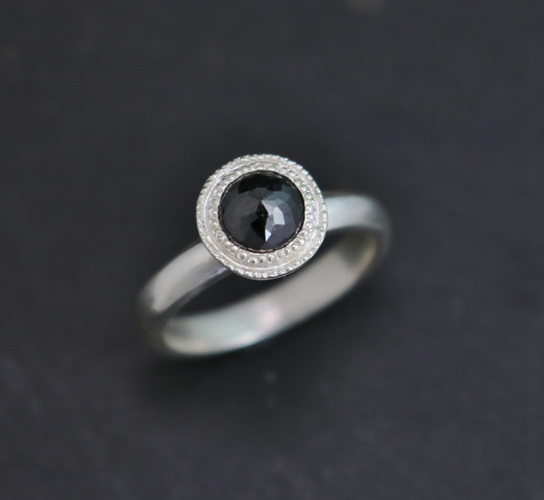 Rose Cut Black Diamond Ring in Sterling Silver, One of a Kind, Halo Bezel, Bezel Set, Milgrain, Recycled Silver, Made to order