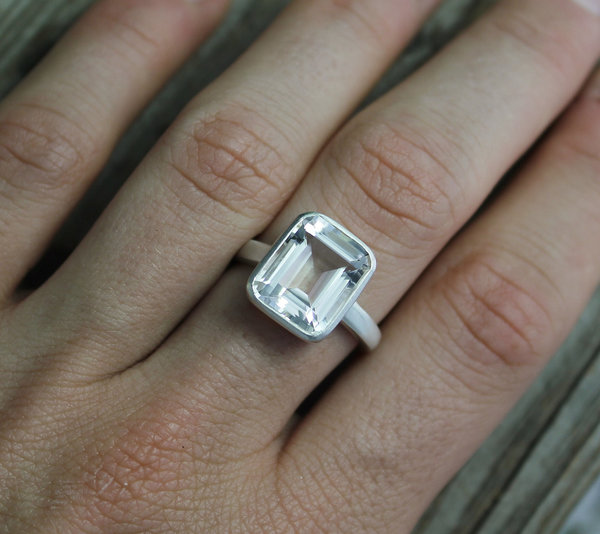 Emerald Cut White Topaz Ring, Sterling Silver Bezel Set Ring, Bling Ring, Glam Cocktail Ring, Ready to Ship Size 7.25