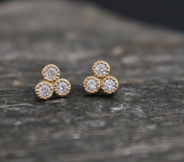 14k Yellow Gold Diamond Three Stone Stud Earrings, Trio Stud Earrings, Trinity Triangle Studs, 14k Gold Posts, Made to Order