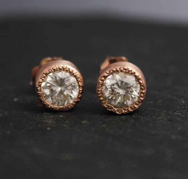 14k Rose Gold Moissanite Stud Earrings, Bezel Set Stud Earrings, Textured Bezel, Bridesmaid Earrings, Anniversary, Made to Order