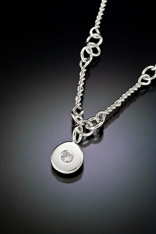 Sterling silver hand made link chain, necklace diamond pebble, silver coin neckl