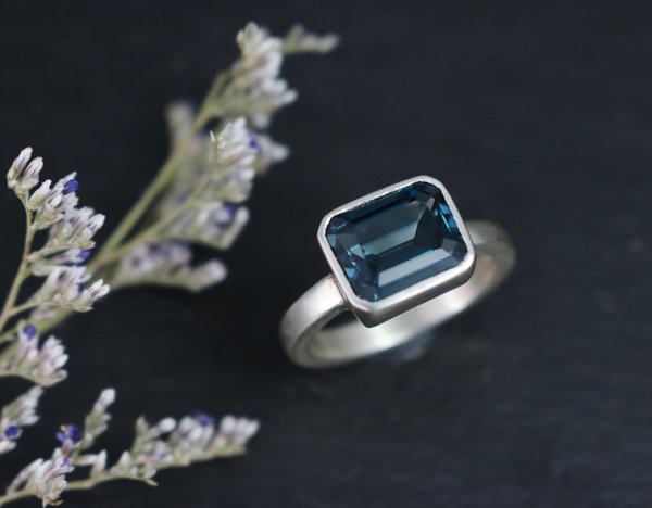 Emerald Cut London Blue Topaz Ring, Sterling Silver Ring, Sideways, East to West, Blue Topaz Solitaire, Cocktail Ring, Ready to Ship Size 7