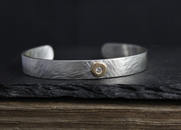 Sterling Silver Cuff Bracelet with 14k Yellow Gold Diamond Button, Hammered Cuff