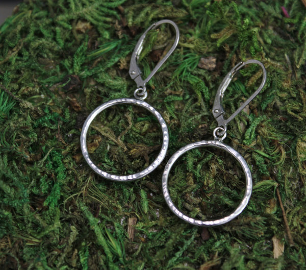 Hammered 14k White Gold Circle Earrings, Dangle Hoop Earrings, Dangle Circle Earrings, Leverbacks, Ready to Ship