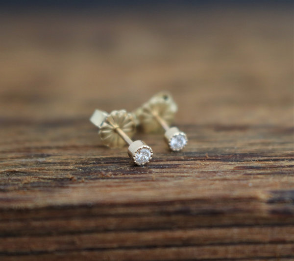 Diamond 14k Yellow Gold Stud Earrings, .04ct Diamonds, Round Brilliant Diamond Earrings, 14k Gold Posts, 2.2mm Diamond, Bezel Set