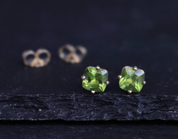 Cushion Cut Peridot 14k Yellow Gold Stud Earrings, 5mm Peridot Studs, August Birthstone Earrings, Gemstone Studs, Ready to Ship Earrings