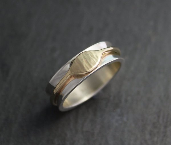 Sterling Silver 14k Yellow Gold Band - Two Tone Ring - Eye Ring - Concave 6mm Band - Ready to Ship Size 7