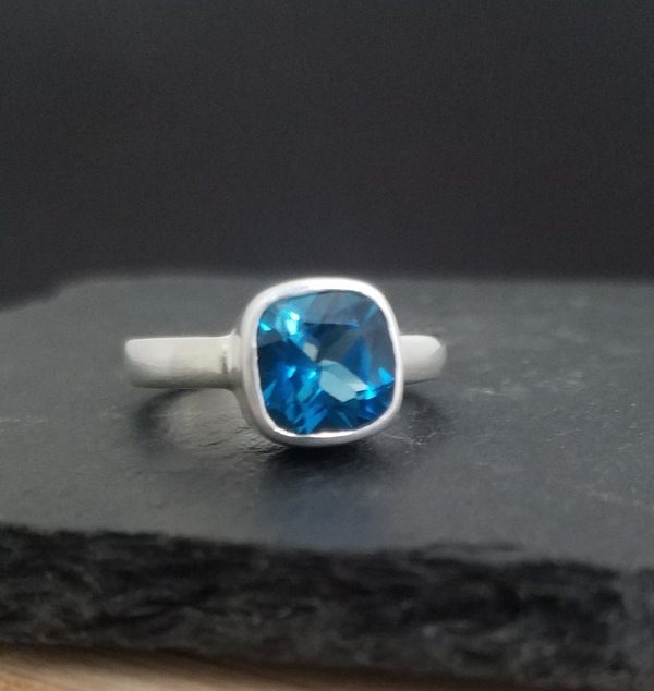 Cushion cut London Blue Topaz Ring, Sterling Silver Ring,  Blue Topaz Solitaire, Cocktail Ring, Ready to Ship Size 7