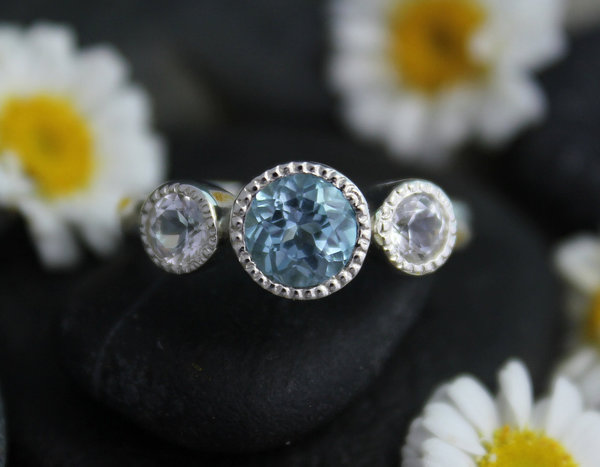 Sky Blue Topaz White Topaz Sterling Silver Ring - Three Stone Ring - Bezel Set Three Stone Ring - Ready to ship Size 7