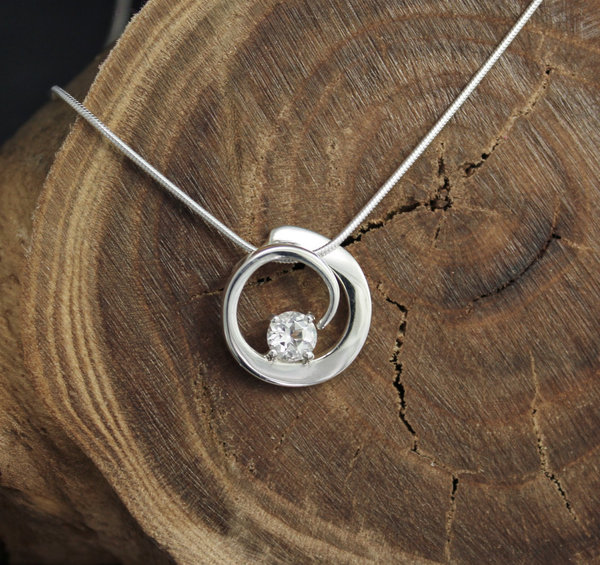 White Topaz Sterling Silver Pendant, White Topaz Swirl Pendant, Circle Pendant with Gemstone, Birthstone Jewelry, Ready to Ship