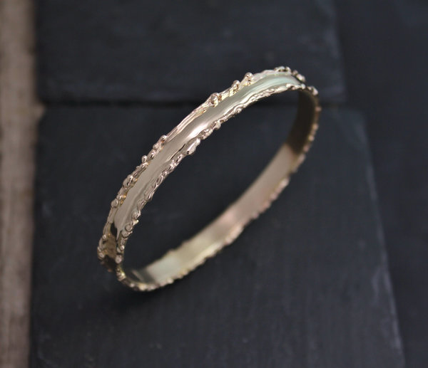 14k Yellow Gold Organic Bangle Bracelet, Unique Gold Bangle, Handmade Bangle, Textured, Twig, Fused Gold Edge, 6mm Wide, Anniversary Gift