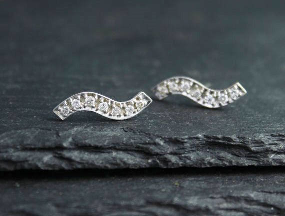 Wavey Diamond Bar Earrings, 14k White Gold Bar Earrings, Wave Earrings, Diamond Bar Earrings, Wavey Bar, Stud Earrings, Ready to Ship