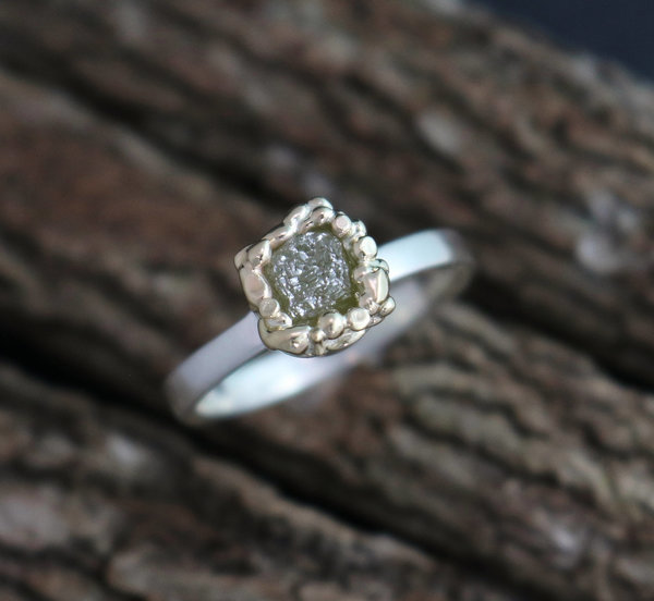 Silver and Fused Gold Raw Gray Diamond Ring, Sterling Silver & 14k Yellow Gold Ring, Mixed Metals Band, One of a Kind, Ready to Ship Size 7