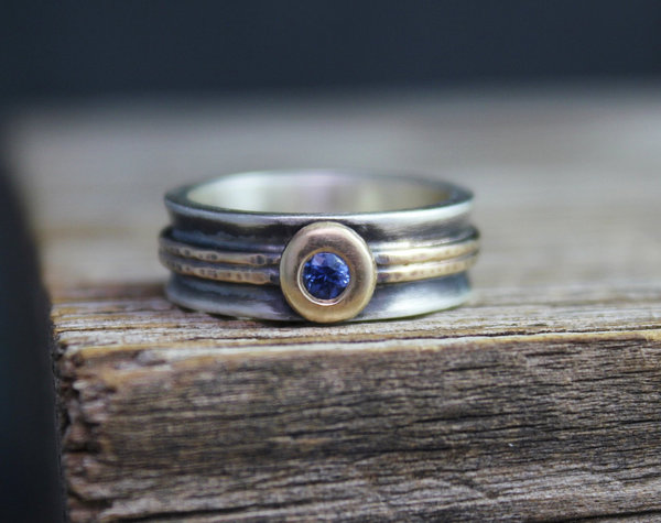 Sterling Silver & 14k Yellow Gold Sapphire Ring, Engagement Ring, 6mm Wide Band, Flush Set Gemstone, ConflictFree EcoFriendly, Made to Order