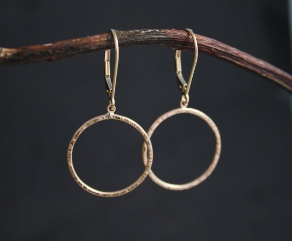 Hammered Yellow Gold Hoop Earrings, 14k Yellow Gold Earrings, Dangle Earrings with Leverbacks, Dangle Circle Hoops, Ready to Ship