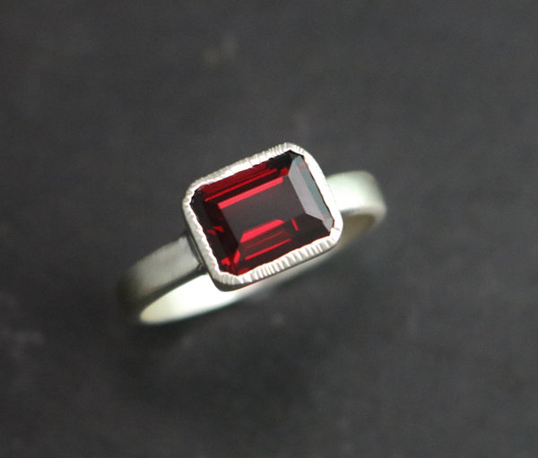 Emerald Cut Garnet Ring, East to West, Sideways Emerald Cut, January Birthstone, Garnet Solitaire Ring, Recycled Silver, Ready to Ship