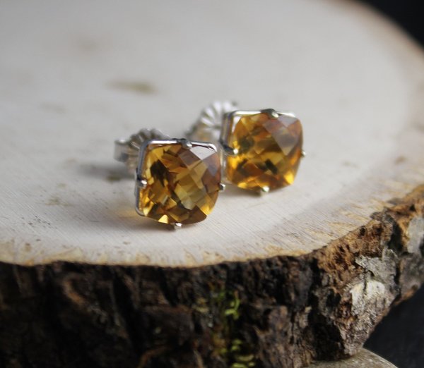 Citrine 14k White Gold Stud Earrings, 8mm Cushion Cut Citrine Earrings, November Birthstone Earrings, Ready to Ship