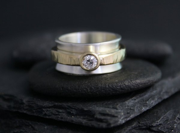 Sterling Silver and 14k Yellow Gold Diamond Ring, Mixed Metals Diamond Ring, Solid Gold and silver Ring, Ready to Ship 5.5-6