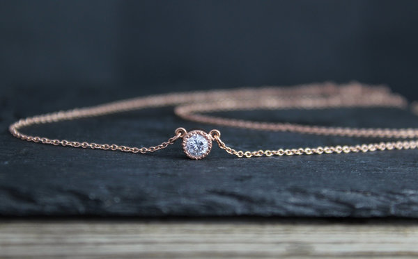 14k Rose Gold Diamond Pendant Necklace, Diamond Solitaire, Textured Bezel Set Di