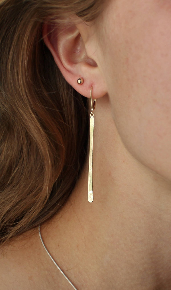 14k Gold Long Bar Earrings, Gold Thread Earrings, Stick, Long Thin Earrings, Rec
