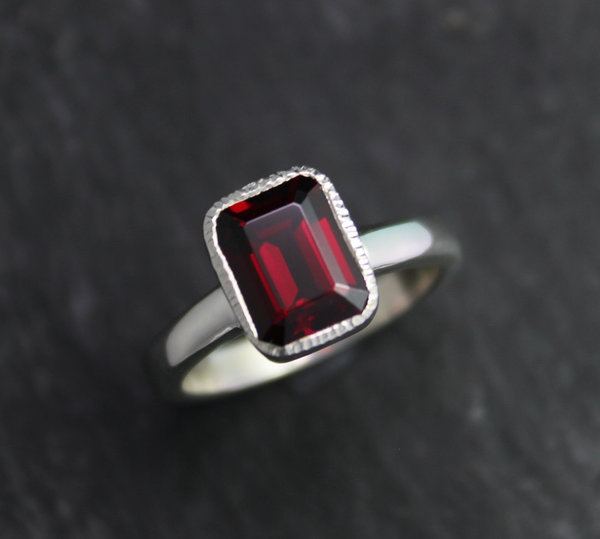 Garnet Ring, 9x7 Textured Bezel Set Garnet Ring, January Birthstone Ring, Garnet