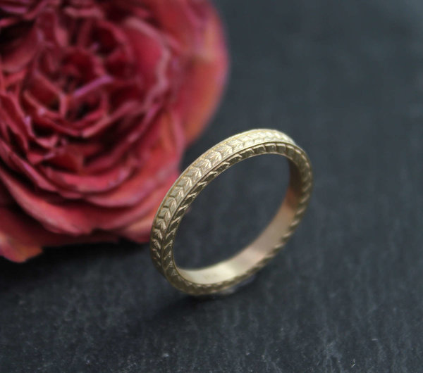 Vintage Inspired 14k Yellow Gold Ring, Textured 14k Yellow Gold Band, Wedding Band, Gold Stacking Ring, Ready to Ship Size 6.25