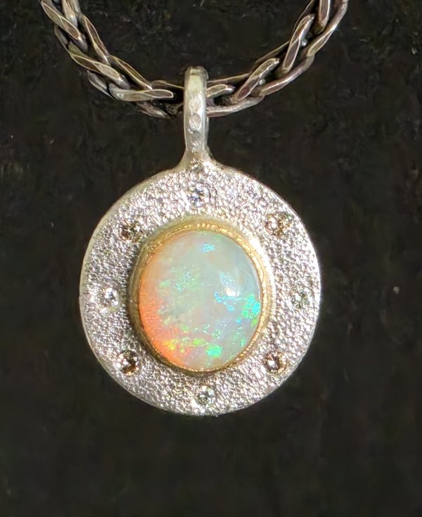 Diamond Opal Coin Pebble Necklace with diamonds, 22k Yellow Gold silver Diamond Pendant, Gold Necklace, Ready to Ship Neckwear one of a kind