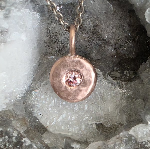 Pink Lab Diamond Coin Pebble Necklace, Handmade 14k gold Pendant,  Diamond Disc Pendant, Ready to Ship Neckwear